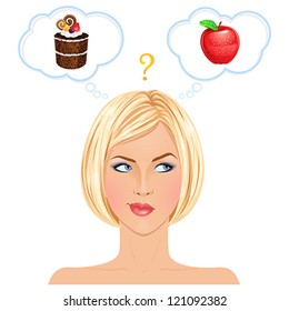 Healthy Or Junk Food Choice. Beautiful Blonde Woman Thinking. Vector Illustration.