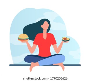 Healthy and junk food choice. Woman choosing between burger and avocado flat vector illustration. Healthy eating, unhealthy habit, diet concept for banner, website design or landing web page