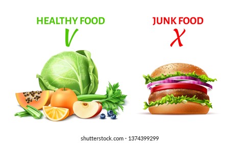 Healthy and junk food concept. Realistic organic vegetables and fruits from organic shop, farm market and hamburger. Fresh ripe apple, cabbage, orange slice and fastfood.