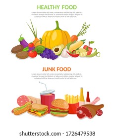 Healthy and junk food difference vector set