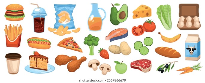 Healthy and junk food. Fast, fried, fatty, carbohydrates, natural organic nutrition, proteins, fruits, vegetables and fish, different meal choice, cartoon flat isolated tidy vector set