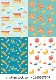 Healthy Junk Food Seamless Pattern Set. Groceries Basket, Alcohol Bottle, Cheese Endless Design. Fresh Banana, Apple, Cherry Fruits Repeated Textile. Confectionary Bakery Vector Wallpaper Illustration