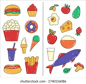 Healthy and junk / unhealthy food. Fish, cottage cheese, eggs, fruits and vegetables vs popcorn, sweets and burgers. Fastfood vs balanced menu comparison isolated vector. Healthy lifestyle concept. 