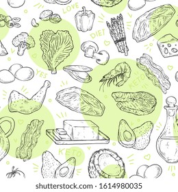 Healthy keto diet food - green and yellow seamless pattern with line drawings of vegetables , nuts, mushrooms and animal products like butter and meat - vector illustration