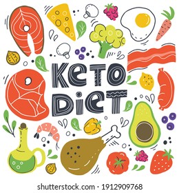 Healthy keto food with decorative elements - fats, proteins and carbs on one Keto vector illustration. Healthy nutrition poster.