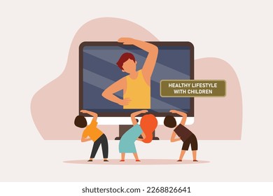 Healthy kids watching tv exercising together at home 2d vector illustration concept for banner, website, illustration, landing page, flyer, etc.