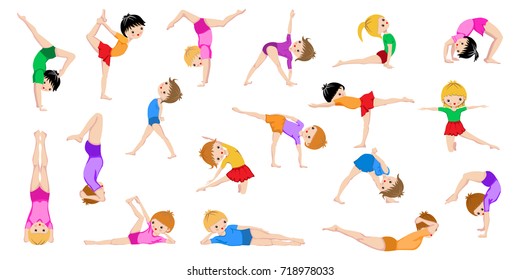 Healthy Kids Yoga Poses, Gymnastics, Healthy Lifestyle, Yoga Children Workout Set, Sport, Asana. Isolated On White Background.