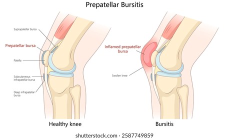 healthy knee with a knee affected by prepatellar bursitis, showing inflammation, swelling, and affected bursa anatomy diagram hand drawn vector illustration. Medical science educational illustration