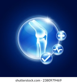 Healthy knee joint bone in glass bubbles glowing with medical icon cross sign, Heart pulse and Check mark. Medical health care innovation. Human anatomy organ translucent on blue background. Vector.