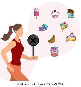 A healthy lady holding sing say no to sweet, no dessert, with elements of cake, cupcake, croissants, ice cream,chocolate, macaroons, eat healthy food only, no sugar, fat free food