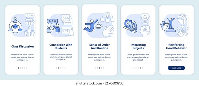 Gesunde Lernumgebung hellblauer Onboarding-Mobile-App-Bildschirm. 5-stufige, editierbare grafische Anleitungen mit linearen Konzepten. UI, UX, GUI-Vorlage. Myriad Pro-kühne, Standardschriftarten verwendet