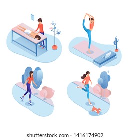 Healthy leisure isometric vector illustrations set. Young cheerful woman 3D cartoon character. Spa procedure, relaxing massage. Home yoga, fitness exercise. Outdoor roller skating, morning jogging