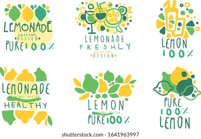 Healthy Lemonade Logo Templates Original Design,100 Percent Pure Lemon Drink Hand Drawn Badges Vector Illustration