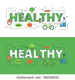 Healthy lettering flat line design with icons and elements for book cover, report header, presentation,illustration, infographics, printing, website banner and landing page.