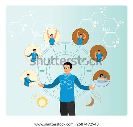 Healthy life balance cycle utter concept. A man stands in the middle of a health watch, between the regular day and night routines to keep the body fit and healthy.