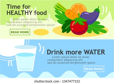 healthy life banner including healthy food like fruits and vegetables and drinking water banner.vetor illustration