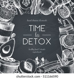 Healthy life card design. Vector background with hand drawn vegetarian products sketch. Detox food and drinks ingredients illustration. Diet template on chalkboard