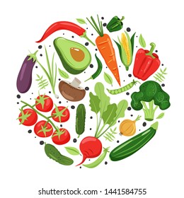 Healthy life concept. Different vegetables for eco friendly living. Circle shape composition. Vector on white background.