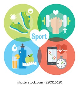 Healthy life concept flat icons of jogging, gym, healthy food, metrics. Isolated vector illustration and modern design element