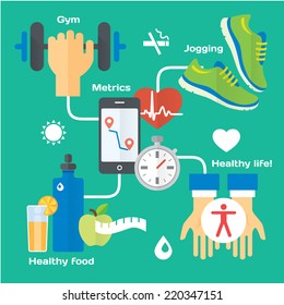 Healthy life concept flat icons of jogging, gym, healthy food, metrics. Isolated vector illustration and modern design element