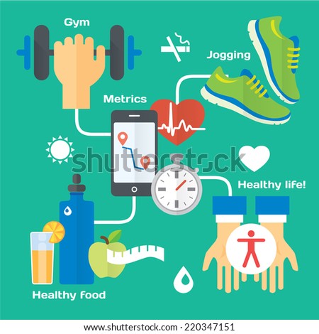 Healthy life concept flat icons of jogging, gym, healthy food, metrics. Isolated vector illustration and modern design element