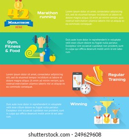Healthy life concept flat set of four gorizontal lines of marathon, gym, healthy food, metrics. Isolated vector illustration and modern design element