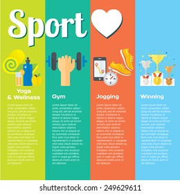 Healthy life concept flat set of four vertical lines of jogging, gym, healthy food, metrics. Isolated vector illustration and modern design element