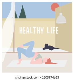 healthy life : a concept illustration of girl doing yoga indoor