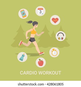 Healthy life concept vector illustration set. People sports health farm fresh food web site banner image. Woman workout Infographics on green spruce background.