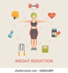 Healthy life concept vector illustration set. People sports health farm fresh food web site banner image. Woman weight reduction Infographics on color background.