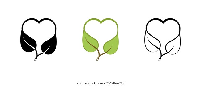 Healthy life creative icon set. Modern heart. Contains Symbols such as Leaf, Heart. Vegan, healthy lifestyle logo design. Editable Stroke. Colored, silhouette and linear icon set.