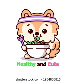 HEALTHY LIFE CUTE BROWN PUPPY ARE EATING VEGETABLES SALAD CARTOON ILLUSTRATION. 