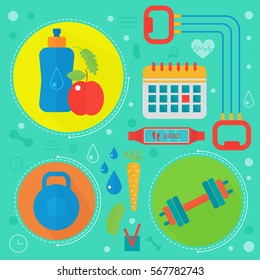 Healthy life flat concept vector illustration. Sport, fitness gym and healthy food icos design, web elements, poster banners.