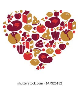 Healthy life - heart shape with vector food icons