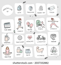 Healthy Life icon set hand drawn illustrations of eating, exercising, active lifestyle and self care. Including team sports, meditation, swimming, yoga, stretching, weights, fitness, soccer, and more