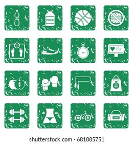 Healthy life icons set in grunge style green isolated vector illustration