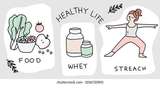 Healthy life illustrated icon set doodles, hand drawn vector. Drawings off food, exercise, planning, uniform, sport, cardio, lifestyle, drinks, equipment