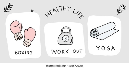 Healthy life illustrated icon set doodles, hand drawn vector. Drawings off food, exercise, planning, uniform, sport, cardio, lifestyle, drinks, equipment