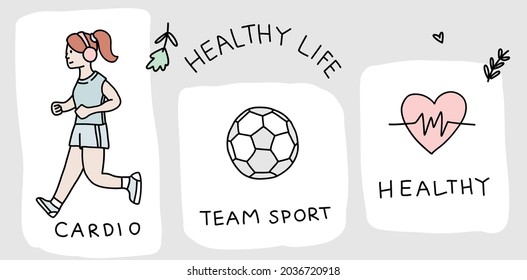 Healthy life illustrated icon set doodles, hand drawn vector. Drawings off food, exercise, planning, uniform, sport, cardio, lifestyle, drinks, equipment