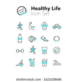 Healthy Life Line Color Icon Set - 16 Icon Vegetable, Sleep, Swimming, Muscle, Run, Jogging, Fruit, Exercise, No Sugar, Drink Water, Bicycle.