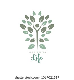 Healthy life logo with abstract human figure and leaves. Harmony with nature. Creative flat vector emblem for wellness center, yoga studio, spa salon
