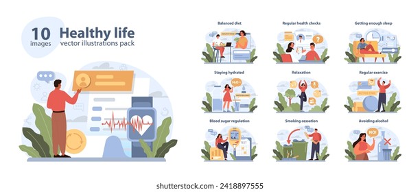 Healthy Life set. A compilation showcasing habits for wellness. Balanced diet, hydration, relaxation, and exercise themes. Vector illustration.