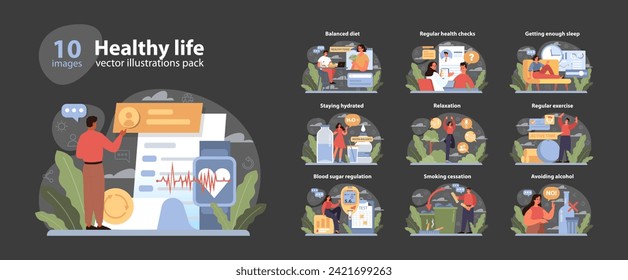 Healthy Life set. A compilation showcasing habits for wellness. Balanced diet, hydration, relaxation, and exercise themes. Vector illustration.