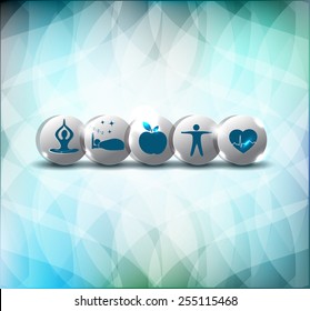 Healthy life style advices symbols. Healthy food, fitness, no stress and good sleep leads to healthy heart and life.