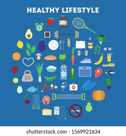 Healthy life style concept. Idea of organic menu and natural nutrition. Body and health care. Active lifestyle without bad habbits. Set of colorful icons. Isolated flat vector illustration