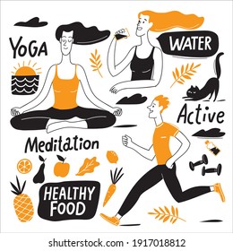 Healthy life style doodle infographic design vector set with yoga, runner man and woman. Good for motivational nature lifestyle card or poster