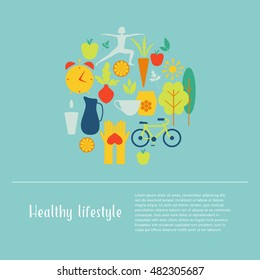 Healthy life style in flat design with food and sport icons.