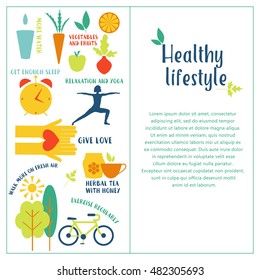 Healthy life style in flat design with food and sport icons. Banner with place for text