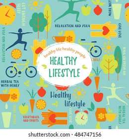 Healthy life style in flat design with food and sport icons. Vector  healthy lifestyle pattern