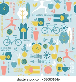 Healthy life style in flat design with food and sport icons. Vector  healthy lifestyle pattern